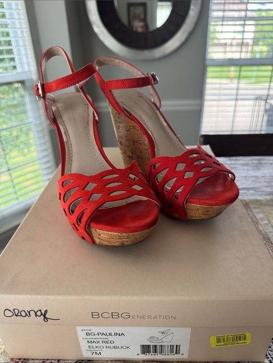 BCBGeneration Shoes - BCBGeneration Red Cork Wedge Sandals with Cutout Upper